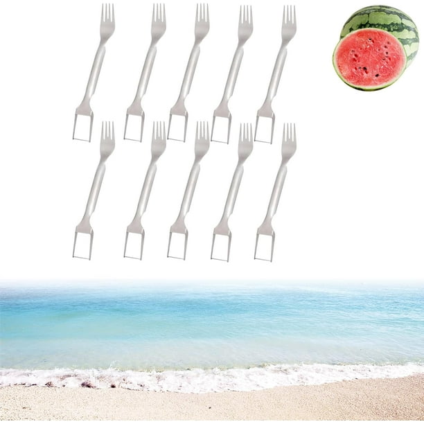 Cortador de frutas de acero inoxidable 2 en 1, cortador de tenedor de sandía, cortador de tenedor de sandía, cuchillo multifuncional portátil de doble cabeza para cocina de fiesta en casa, herramienta