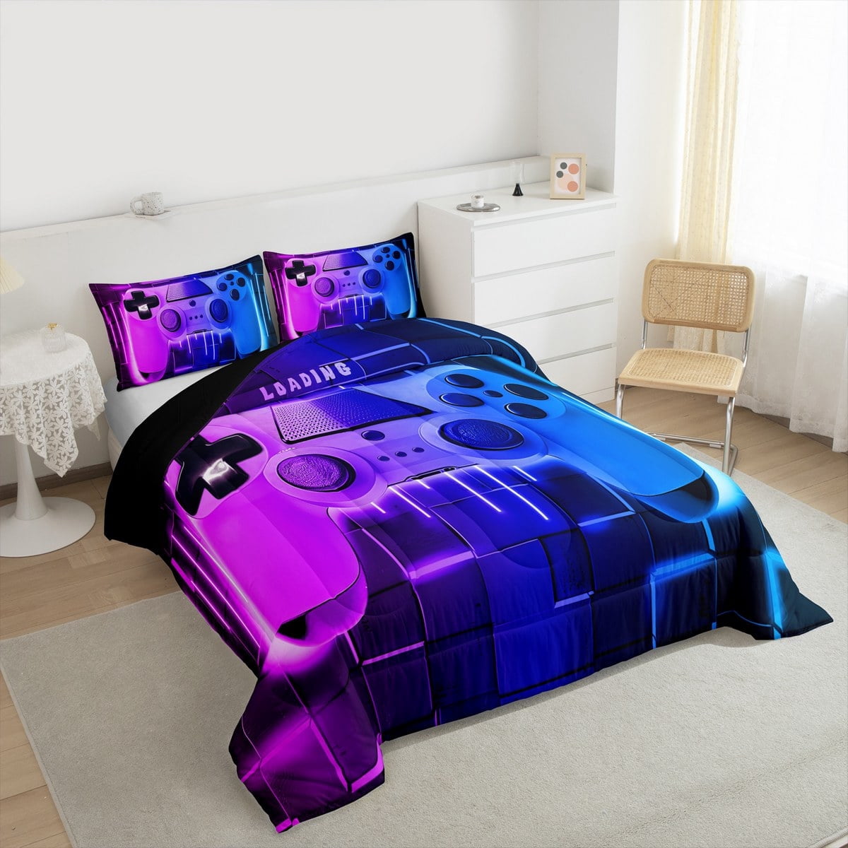 Blue Purple Gaming Comforter Set - Gamer Comforter Twin Bedding Sets , Neon Lights Abstract Geometry Design Gamer Room Decor