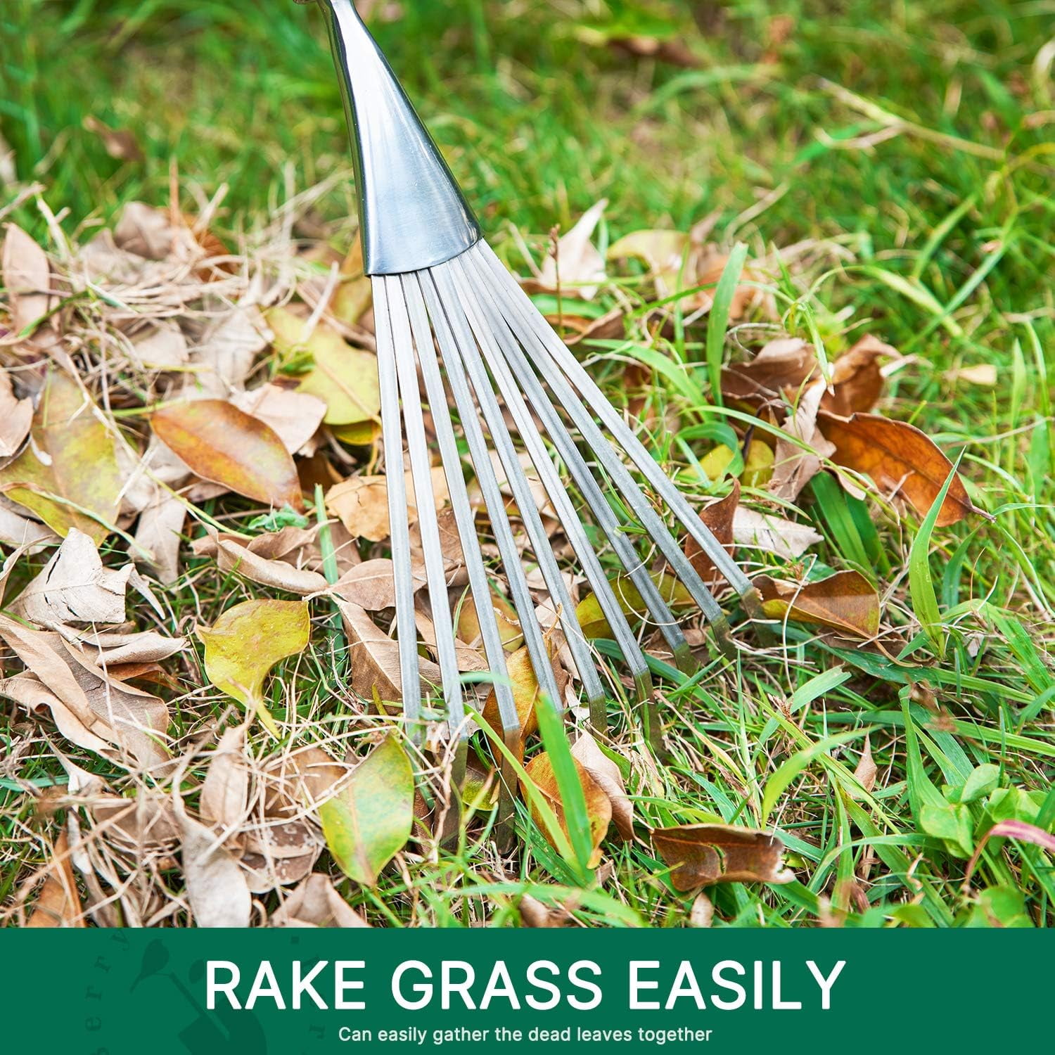 Gardening Hand Shrub Rake, 14.7" Stainless Steel Grass Rake, 9 Tines Fan Lawn Leaf with Ergonomic Wooden Handle, Small Hand Rake for Sweep Leaves & Loose Debris in Garden, Lawns and Yards