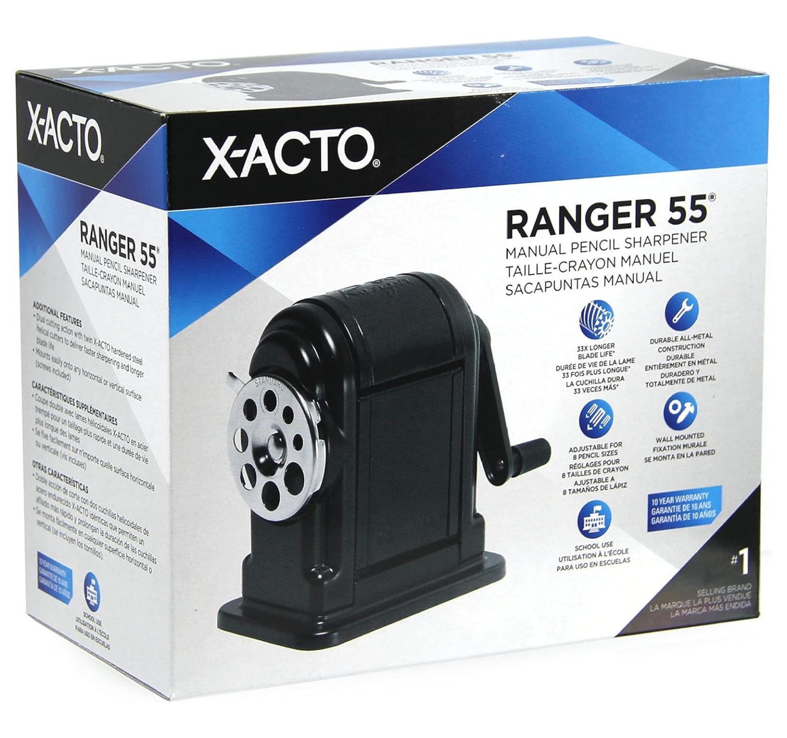 Pencil Sharpener, Manual - Classroom & Office - Heavy Duty Metal - Wall or Desk Mount - Black - Sharpens 8 Sizes 1 Count (Pack of 1)