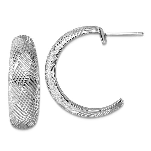 925 Sterling Silver Rhodium Plated Textured Woven Design Post J-hoop Earrings 24.8x18.7mm Wide 8.2mm Thick Hoop Earring