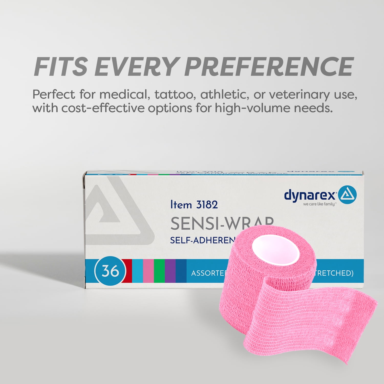Dynarex Sensi-Wrap Self-Adhesive Bandages, 36-Pack, 2" x 5 yards, Assorted Colors, Latex, Colored Elastic Cohesive Athletic Tape, Tattoo Grip & Vet Wrap