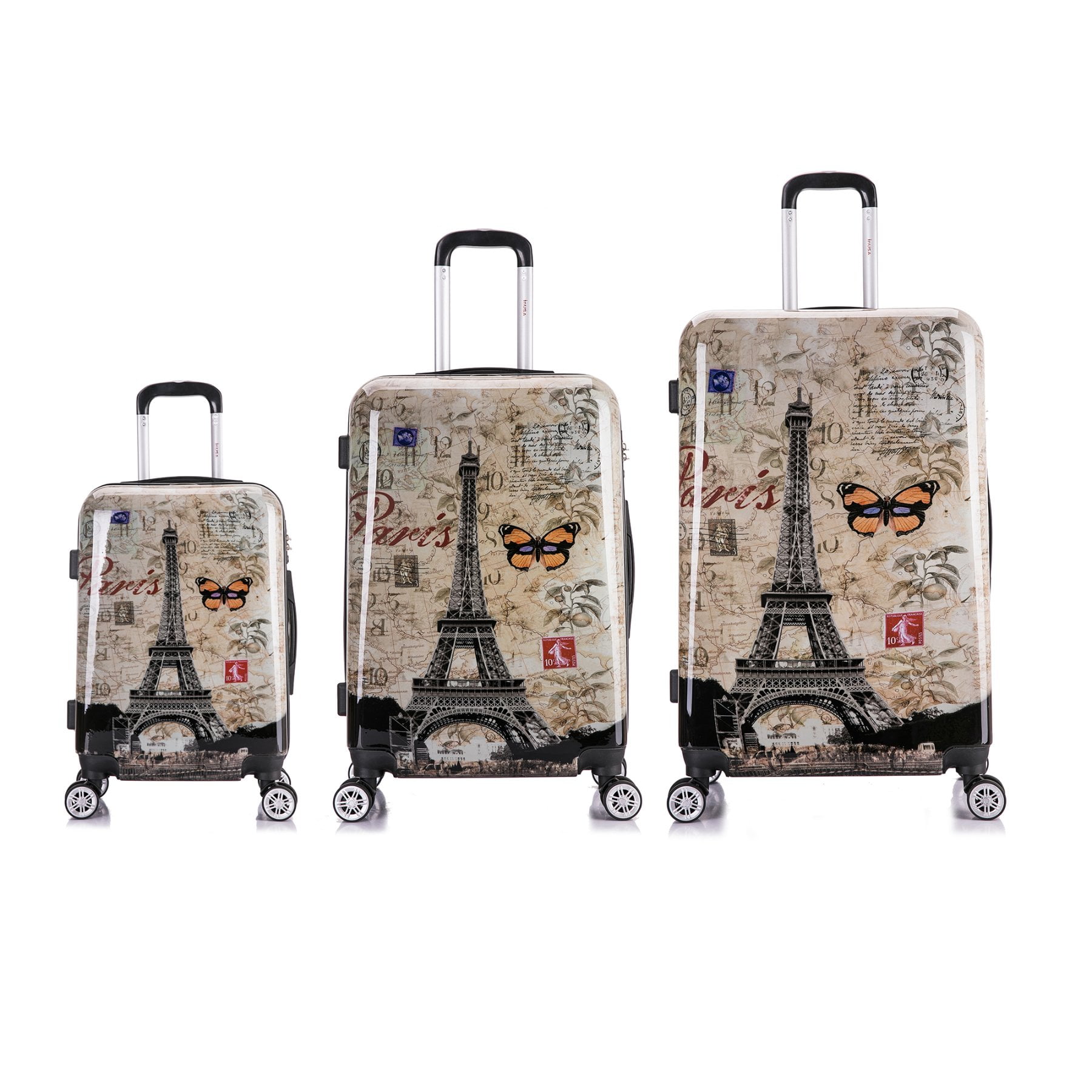 InUSA Print 3-Piece Hardside Luggage Sets with Spinner Wheels, Handle, Trolley, (20"/24"/28"), Paris