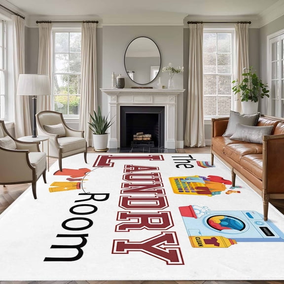 Laundry Room Area Rug 6x9 FT, Non Slip Living Room Throw Carpet, Cartoon Washing Machine Clothes Washable Soft Large Floor Carpet Non-Shedding Rug for Bedroom Dining Room Play Room