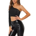 thumbnail image 4 of INSPIRE CHIC Women's Metallic Glitter One Shoulder Long Sleeve Crop Top XS Black, 4 of 6