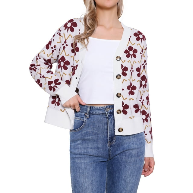Suéter de mujer Inspire Chic con estampado floral, cárdigan abierto, cuello en V, con botones, de manga larga, suéter de punto M blanco