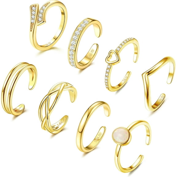 8Pcs 14K Gold Filled Toe Rings for Women Non Tarnish Adjustable Gold Toe Rings Set Open Band Simple CZ Toe Ring Summer Beach Foot Jewelry