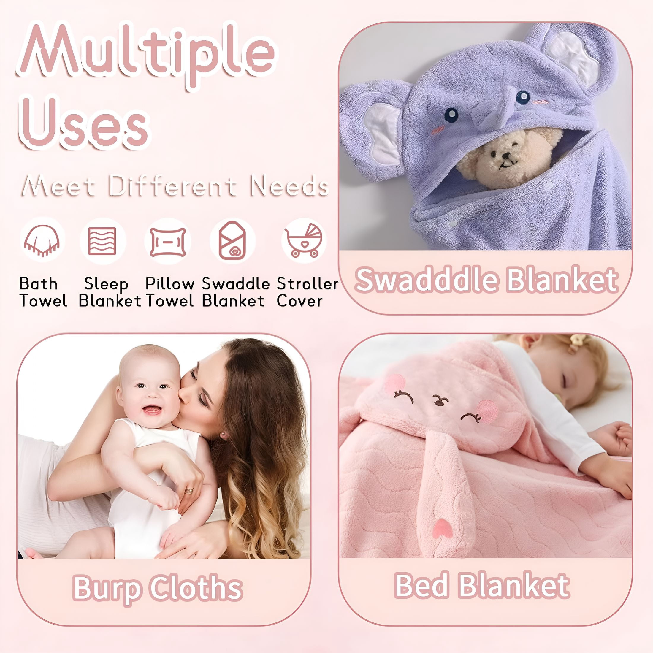 AUQ 2 Pack Hooded Towels for Toddlers - Thick 55" X 27.5" Baby Bath Towel Set for Girls and Boys - Super Absorbent,Age 1-5,Elephant & Rabbit
