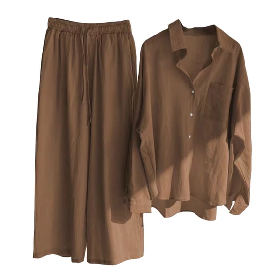 Quixlent 2 Pcs/Set Women Plus Size Shirt Trousers Set Solid Color Long Sleeves Lapel Collar Blouse High Waist Loose Wide Leg Pants Set Casual Commute Outfit