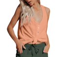 thumbnail image 3 of Womens V Neck Henley Button Front Tank Tops Sleeveless Top Cotton Linen Racerback Tie Front Knot Loose Fit Summer Casual Daily Vest, #02 Orange, XL, 3 of 7