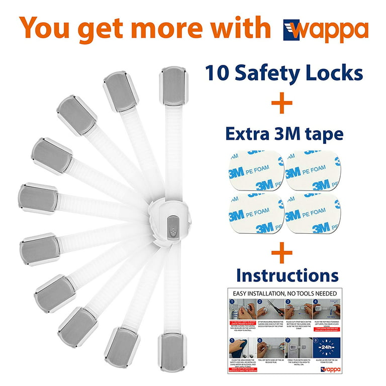 Child Safety Strap Locks (10 Pack) Baby Locks for Cabinets and Drawers,  Toilet, Fridge & More. 3M Adhesive Pads. Easy Installation, No Drilling