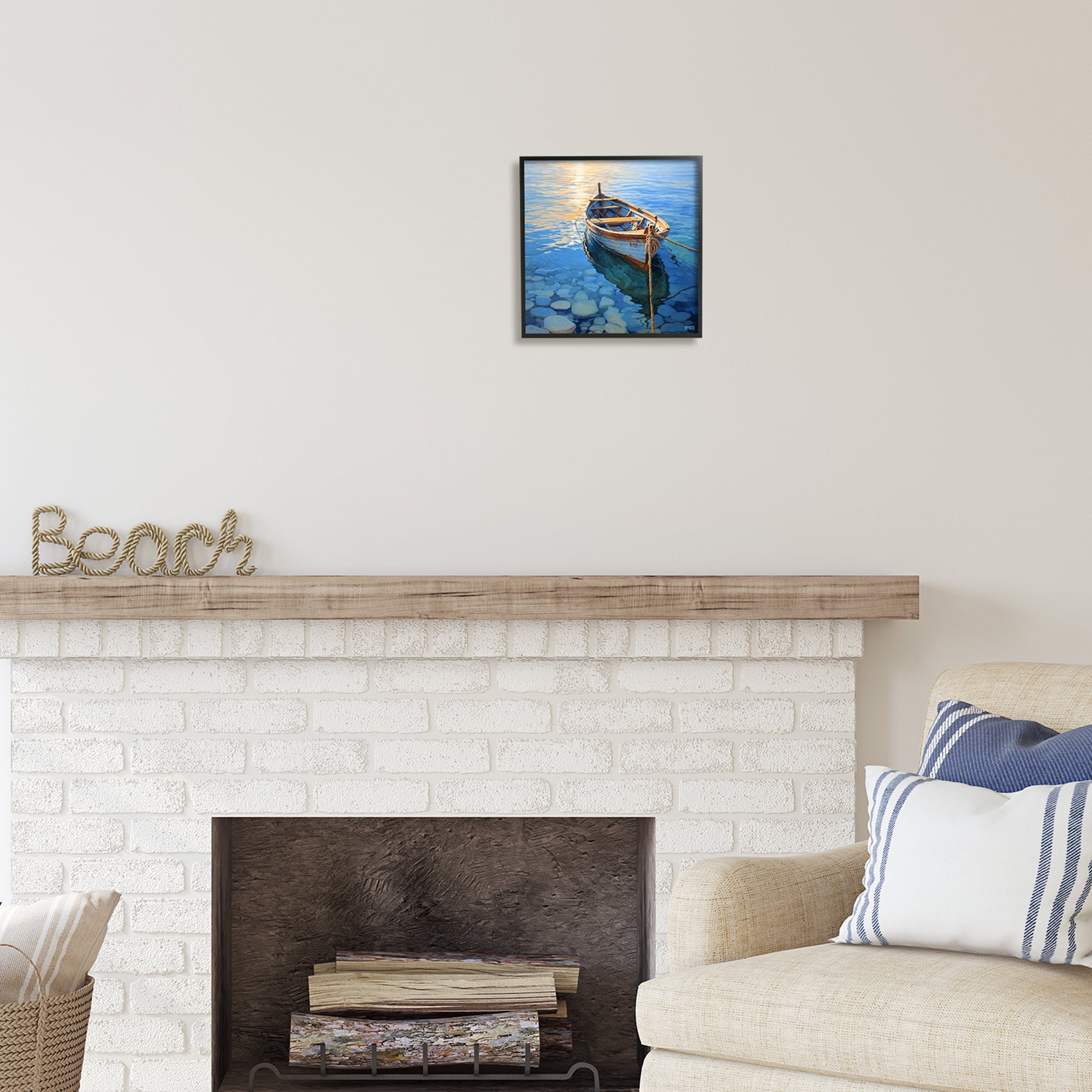 Stupell Industries Rowboat & Pebbled Shore Transportation Painting Black Framed Art Print Wall Art, 12 x 12