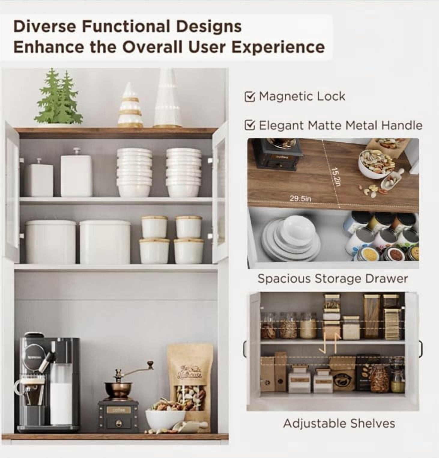 TROPOW Kitchen Pantry Cabinet, 71" Tall Kitchen Hutch Storage Cabinet with Microwave Stand, Freestanding Buffet Cabinet with Shelves and Glass Doors for Home Dining Room, White