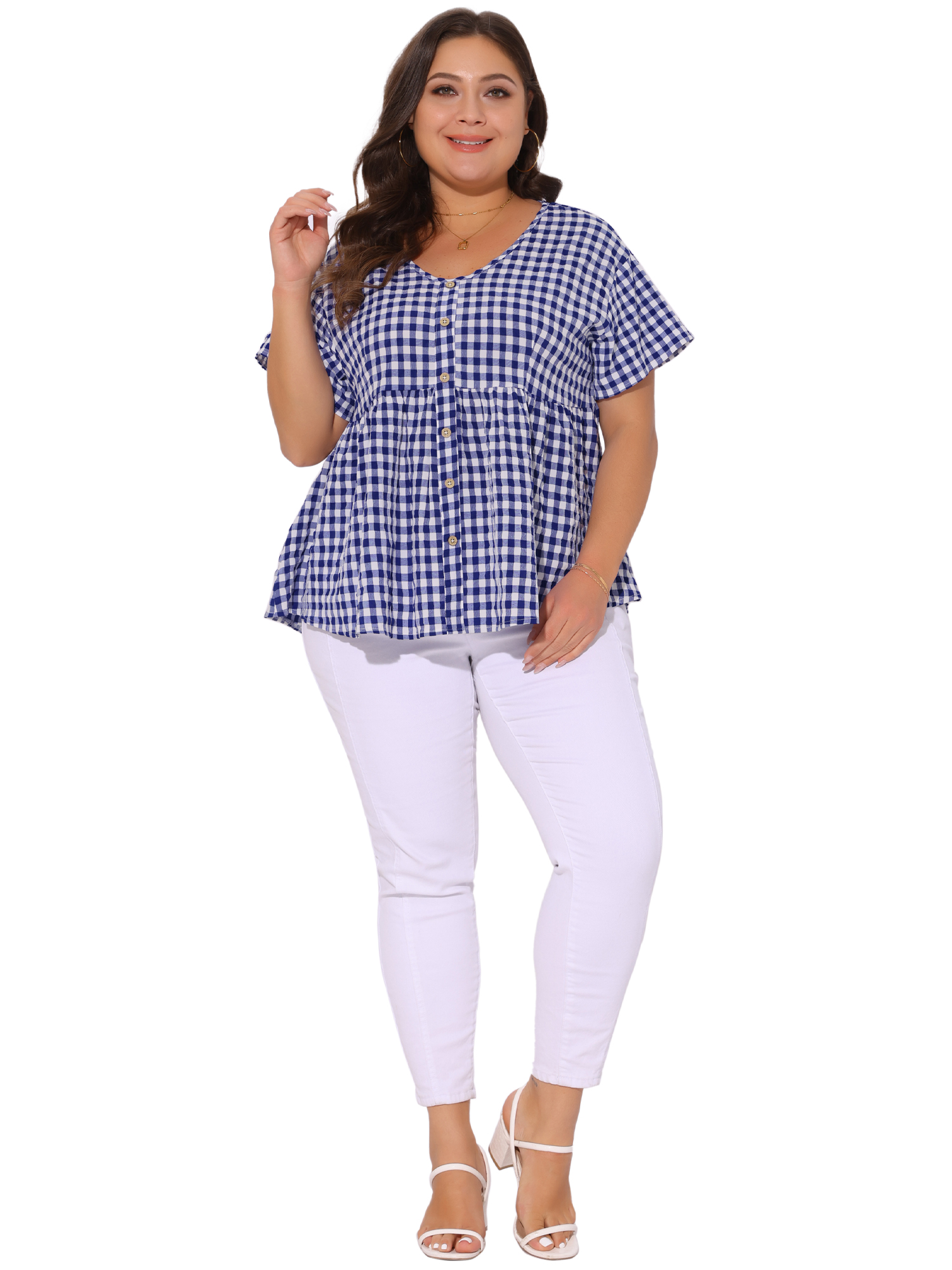 Women's Plus Gingham Tops Plaid Short Sleeve V Neck Summer Babydoll Top 4X Blue