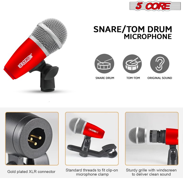 5 CORE Professional Drum Mic Kit 9 Piece Tom Snare Kick Set XLR Wire