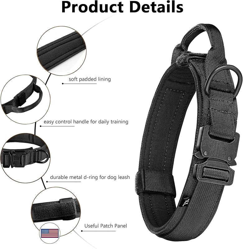 Tactical Dog Collar, Adjustable Military Training Nylon Dog Collar with Control Handle and Heavy Metal Buckle for Medium and Large Dogs, with Patches and Airtags Case (L, Black)