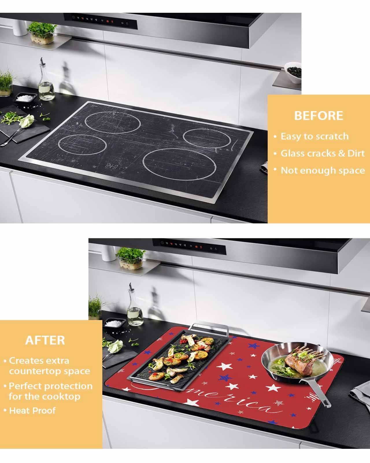 nqOlkjepod Large Induction Cooktop Protector Mat 31"x24", 4th of July Stove Top Covers for Electric Stove, Red Independence Day White Blue Star Stove Burner Cover Mats, Glass Top Stove Cover