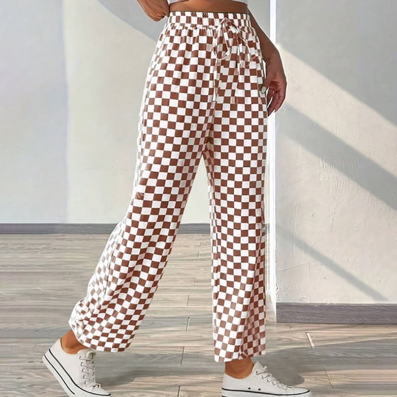 LOVZFMLL Women's Pants, Fashionable Checkered Straight Leg Casual Wide Leg Pants Brown, XL