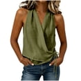 thumbnail image 2 of FDGIU Women's Halter Wrap V Neck Sleeveless Tank Top, Solid Cotton Linen Woven Side Drawstring Ruched Cropped Casual Blouse, 2 of 5