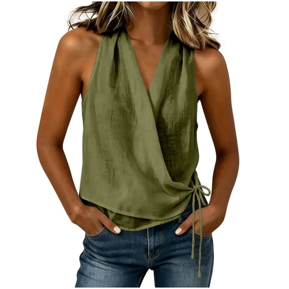 aohooy Wrap Tops for Women Side Tie Gauze Tank Top Summer V Neck Sleeveless Plus Size Shirt Casual Vacation Loose Fit Blouse 2026 Army Green,XXL