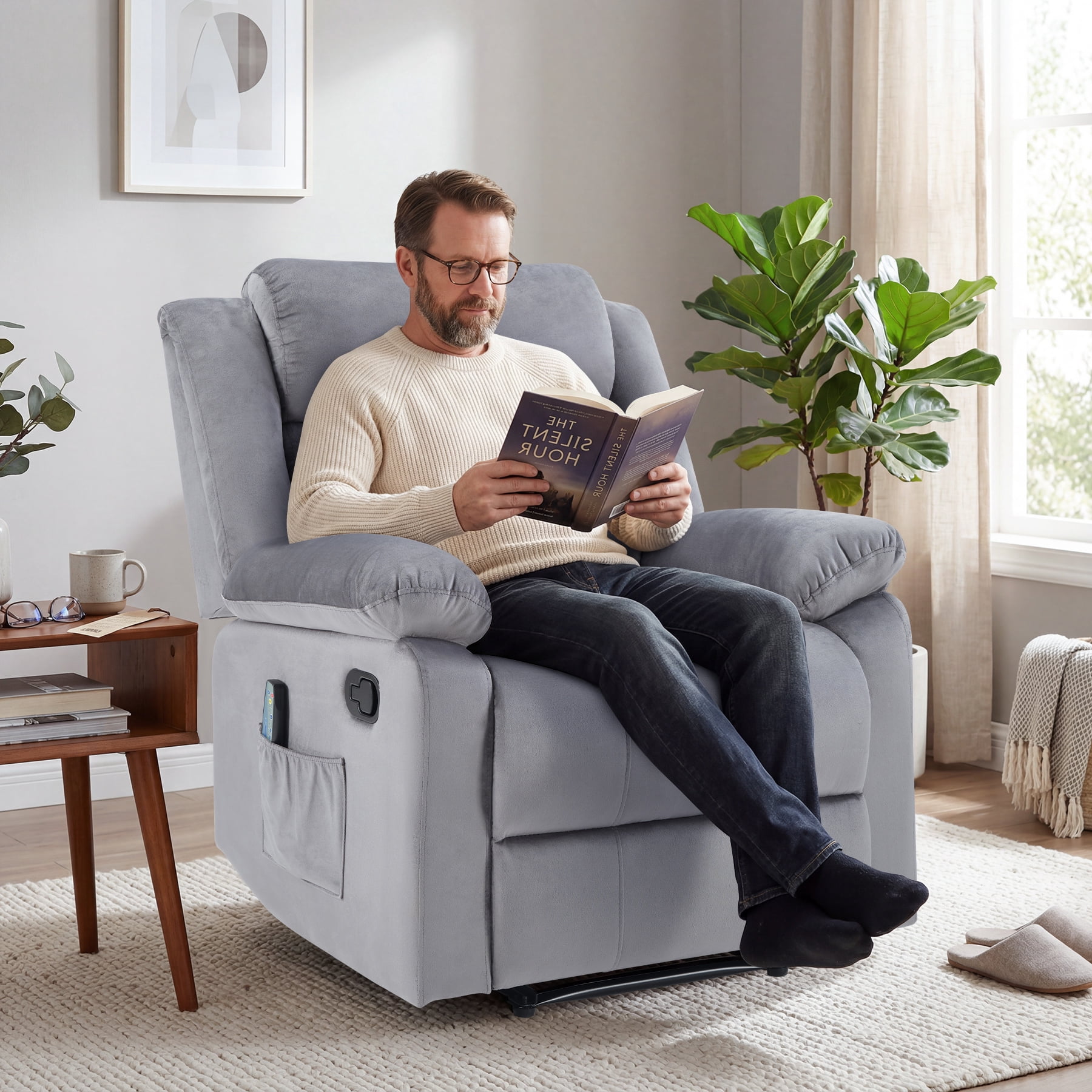 Bonzy Home Massage Recliner Modern Cloth Recliner Chair with Massage & Heating Breathable Fabric, Gray