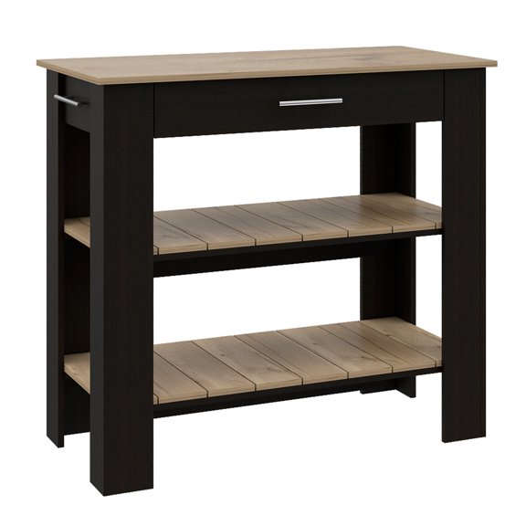 Knubmt Wood Kitchen Island with 2 Open Storage Shelves and Towel Hanger, 1 Drawer Kitchen Island Table for Dining Room, Kitchen, Black   Light Brown