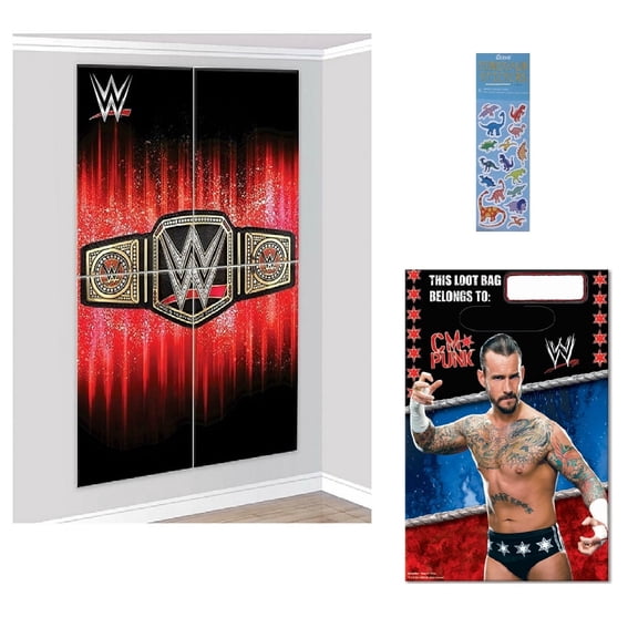 WWE Birthday Party Supplies Bundle includes 1 Scene Setters Wall Decorating Kit Picture Backdrop, 8 Loot Bag, 1 Dinosaur Sticker Sheet