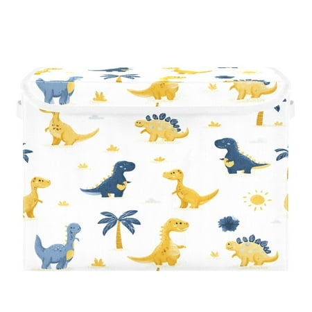 Storage Box With Lid 16.5x12.6x11.8In Lidded Home Storage Bins Foldable Stacked Household Storage Box Yellow Dinosaur Seamless