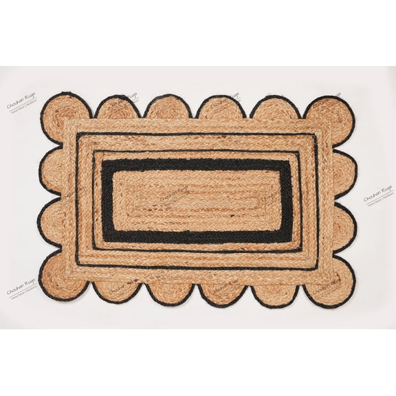 Rectangle Rug Natural Jute Rug Hand Braided Beige and Black Color Rounding Line Pattern Area Rug