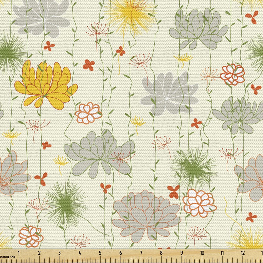 Retro Fabric by the Yard, Vintage Inspired Nature Depiction with Doodle