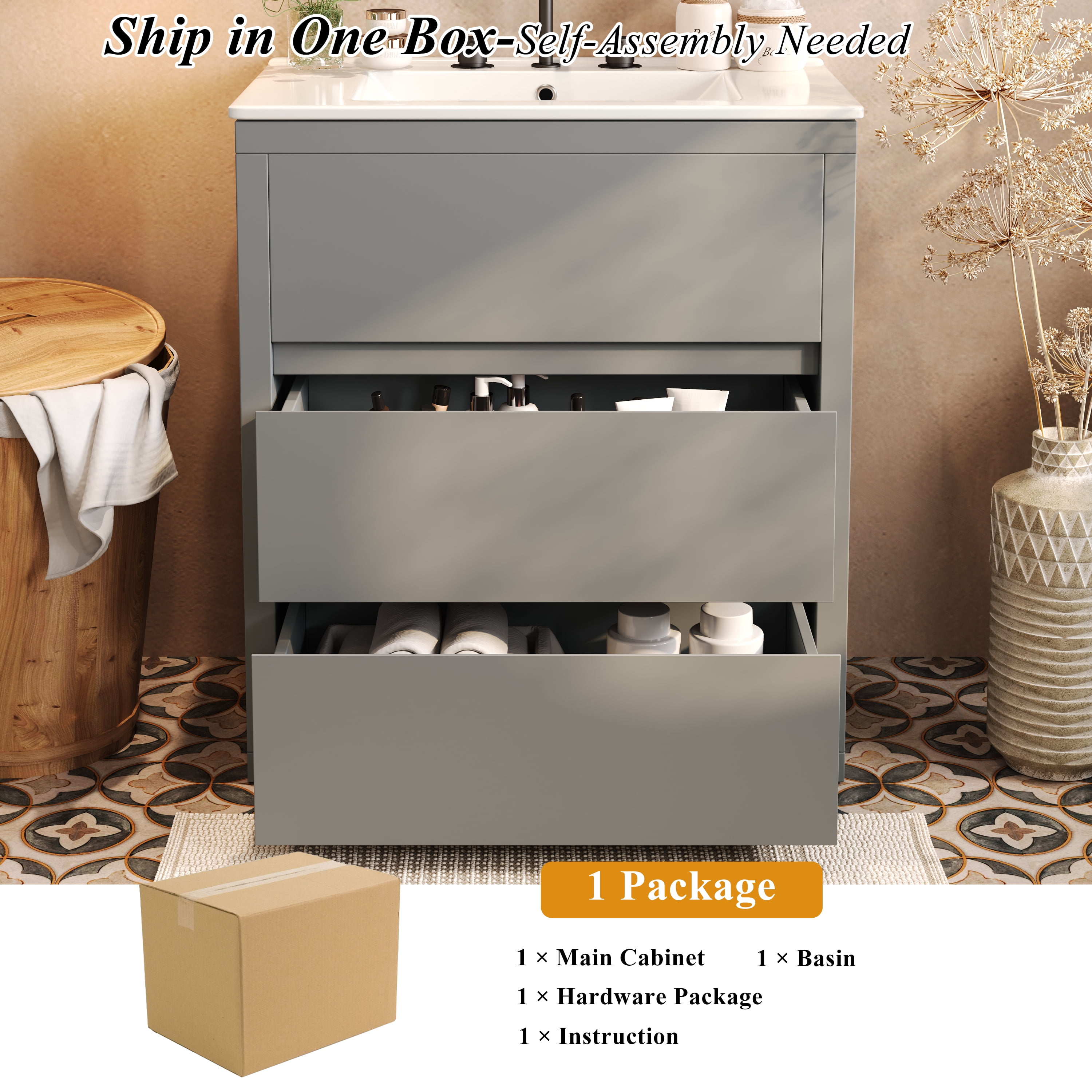 Euroco 30" Bathroom Vanity with Ceramic Sink and 2 Full-Extension Drawers, Freestanding Bathroom Vanity with 45° Free-Handle Design, Soft Close Undermount Drawer Slides, Gray