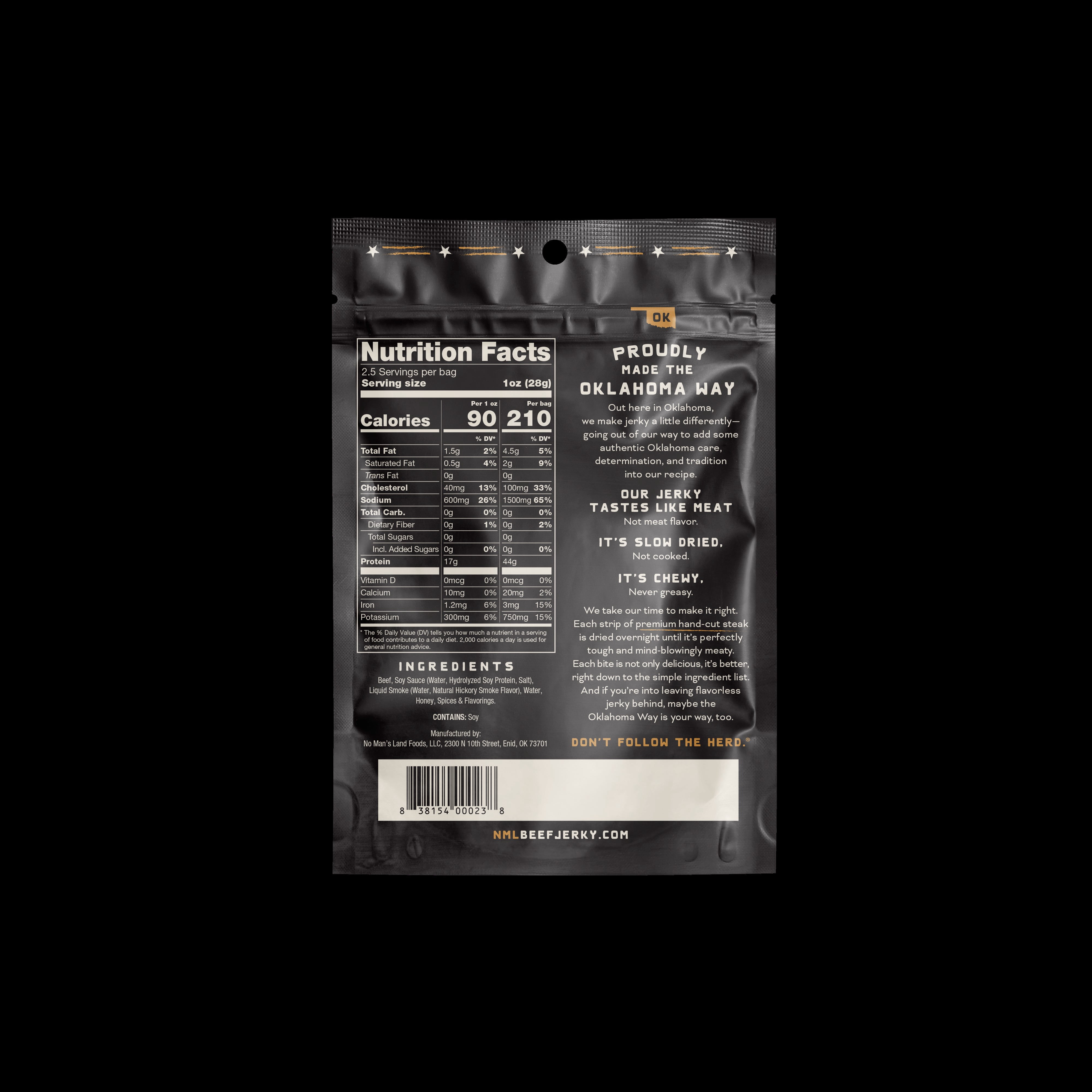 (8 pack) No Man’s Land Mild Beef Jerky, 2.5 oz Bag – 17g Protein per Serving, High Protein Snack
