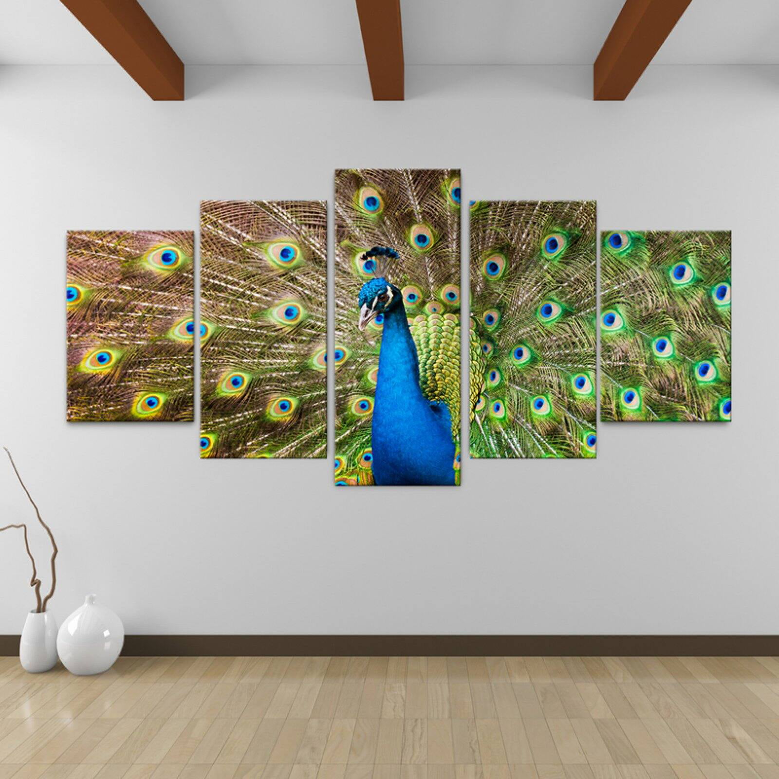 Peacock Feather Bird Peafowl Green Yellow Canvas Wall Art Picture Home Decor