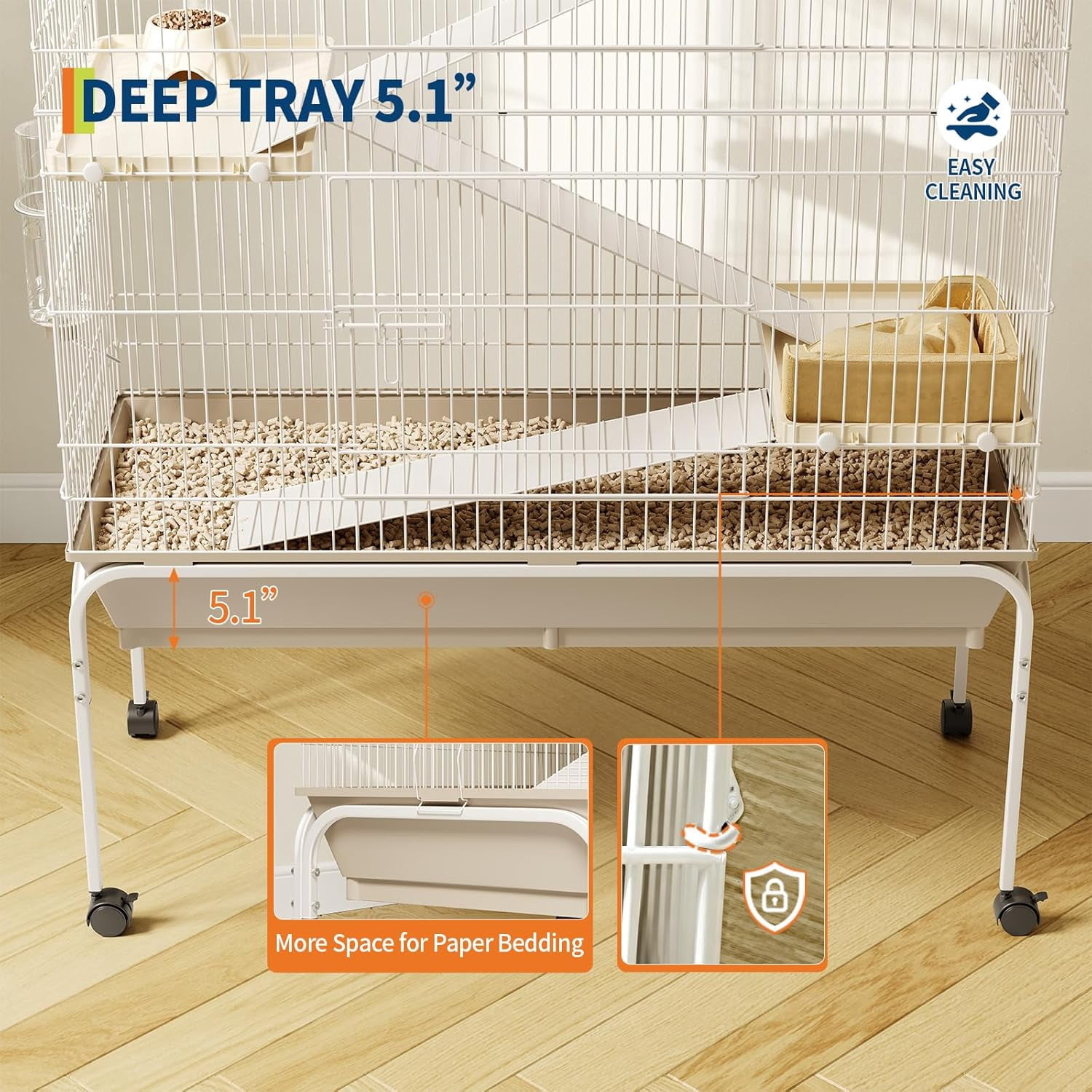 QinaQin 40-Inch Metal Small Animal Cage with Wheels – Multi-Level Habitat, Deep Tray, Removable Ramps, Easy Cleaning, Secure, Includes Water Bottle & Food Bowl,White