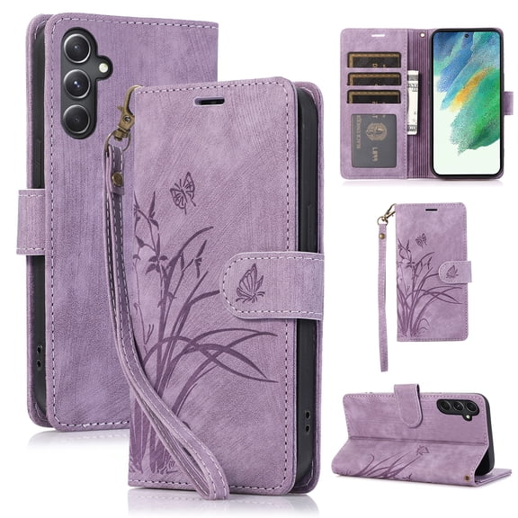 Flower&Butterfly Pattern Wallet Case for Samsung Galaxy A14 5G,Dteck Magnetic Leather Case Shockproof Rubber Kickstand Full Body Protective Cover with Wrist Strap,Purple