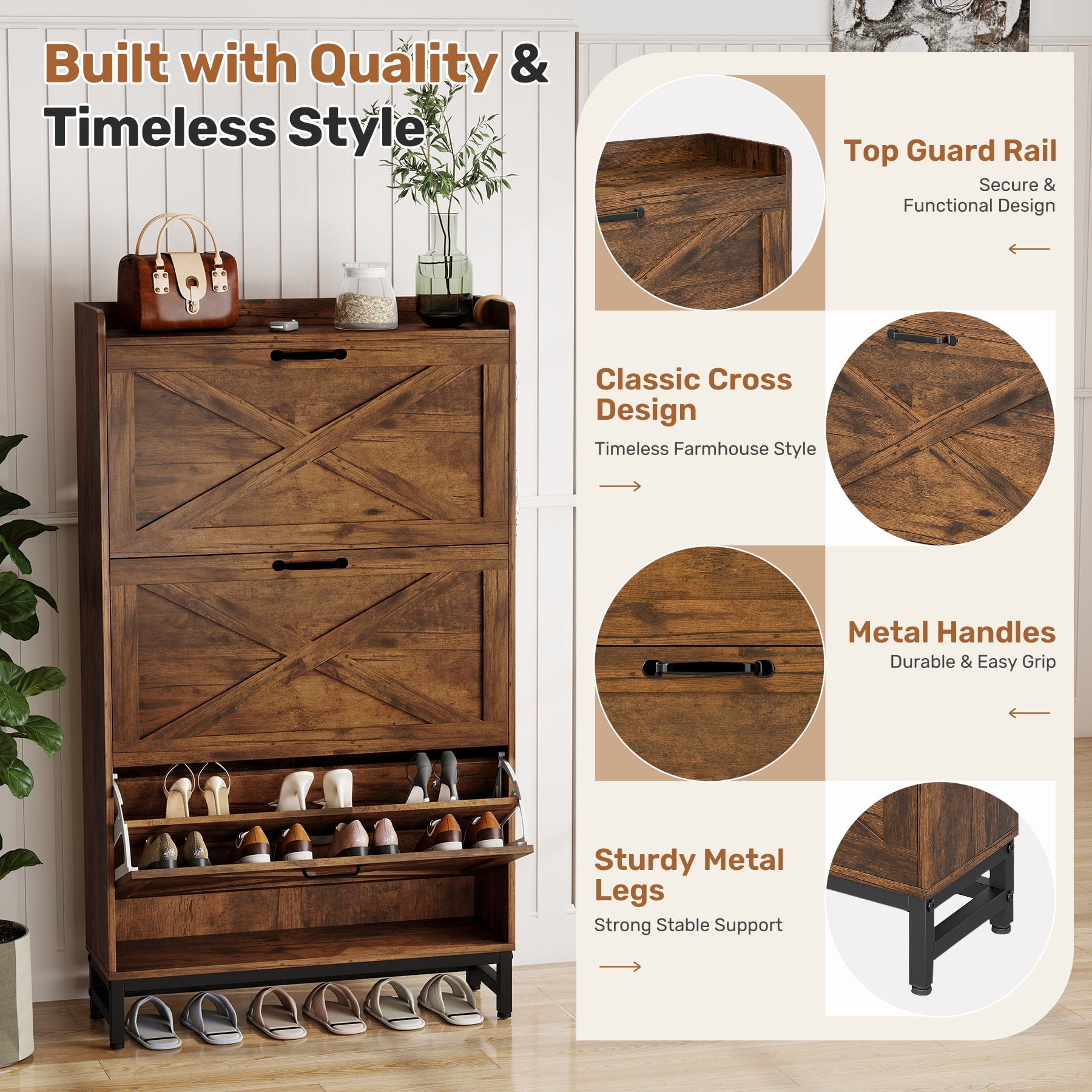 MOONMISS Shoe Storage Cabinet with 3 Flip Drawers and Open Storage,Rustic Wooden Shoe Organizer for Entryway Hallyway