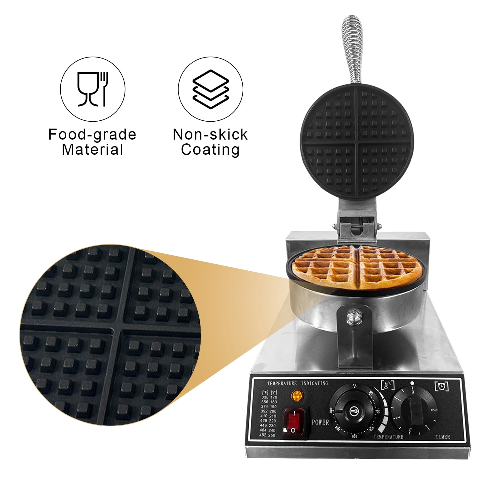 Festisoul Commercial Waffle Maker, 1200W Stainless Steel Round Nonstick Waffle Iron with 122℉ to 572℉ Temp Range for Household Bakeries Snack Bar