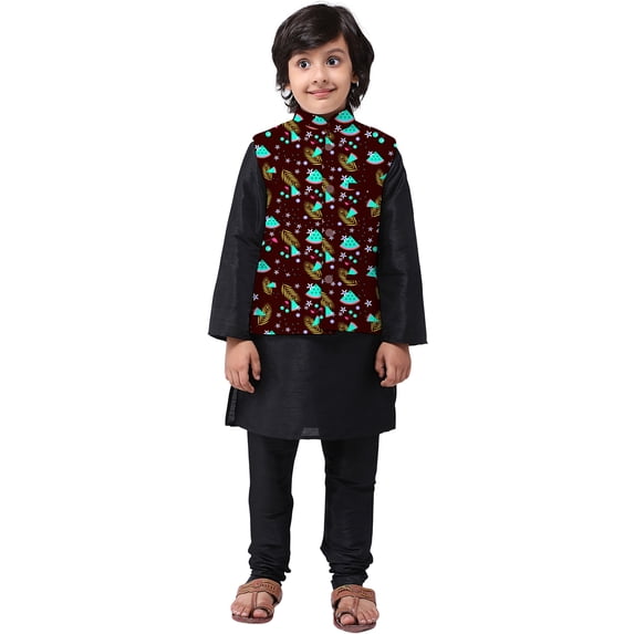 eloria Boys Dupion Silk Festive Nehru Vest Waistcoat with Leaf Pattern Brown