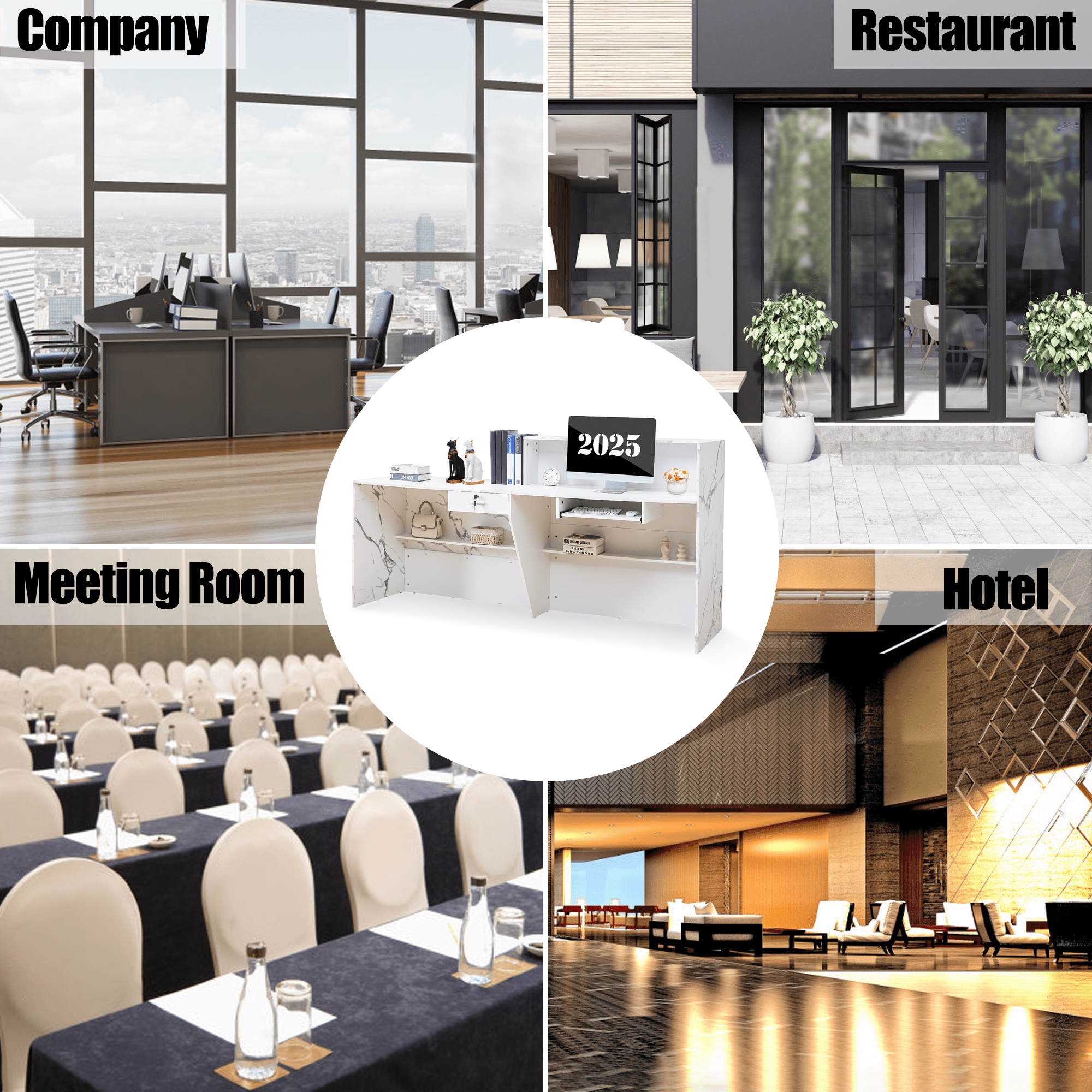 Haooyeah 86.8" Reception Desk with Lockable Drawer, Keyboard Tray, Storage Shelves & Cable Management, Marble Front Counter for Office, Hotel Lobby, Meeting Room