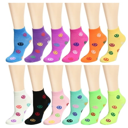 

12 Pairs Women s Ankle Socks Assorted Colors Size 9-11 Peace Sign