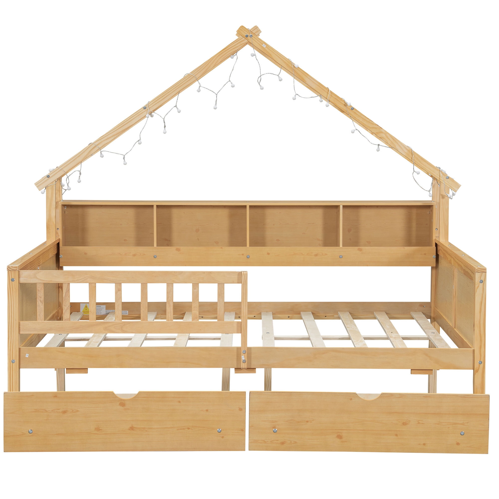 Euroco Wood Full Size Platform Bed with Drawers, House Bed with Storage and LED Light, Natural