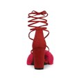 thumbnail image 2 of BLISSFUL STEP Women's Sandals Block Heels Faux Fur Strappy Lace up Sandals Red 8, 2 of 7