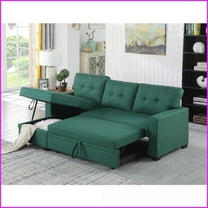 Linen Upholstered Sectional Sofa with Pull-Out Twin Sleeper & Storage Chaise | Cushion Back | Square Arms