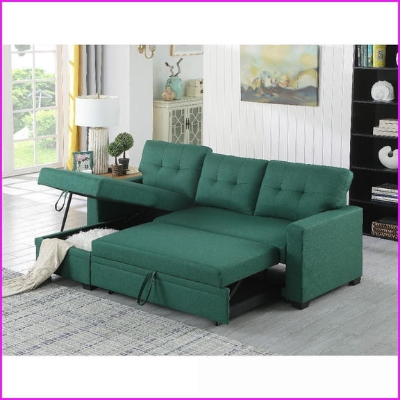 Linen Upholstered Sectional Sofa with Pull-Out Twin Sleeper & Storage Chaise | Cushion Back | Square Arms