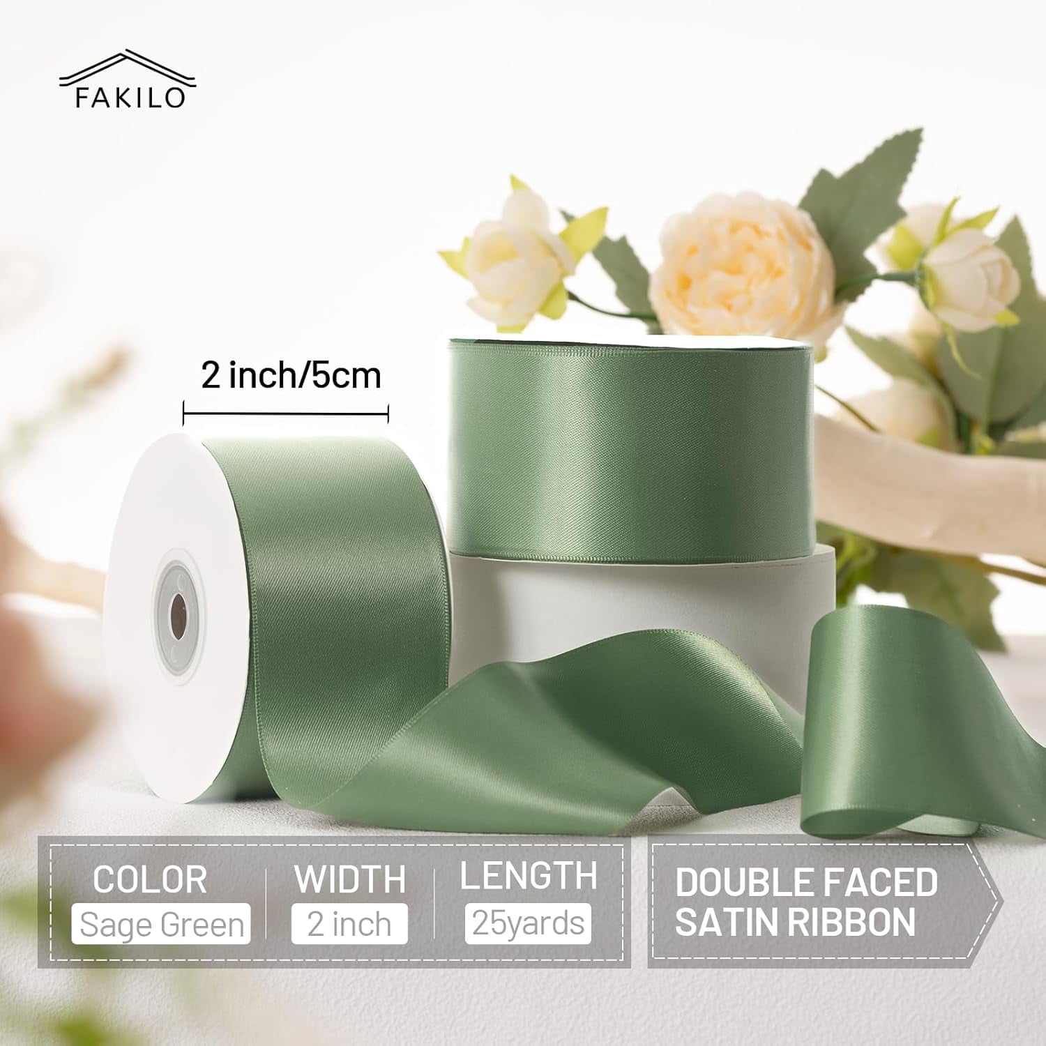 Sage Green Satin Ribbon 2 Inch x 25 Yards Double Faced Thick Sage Green Gift Ribbon for Gift Wrapping Bows Making Crafts Wedding Mother's Day Decor