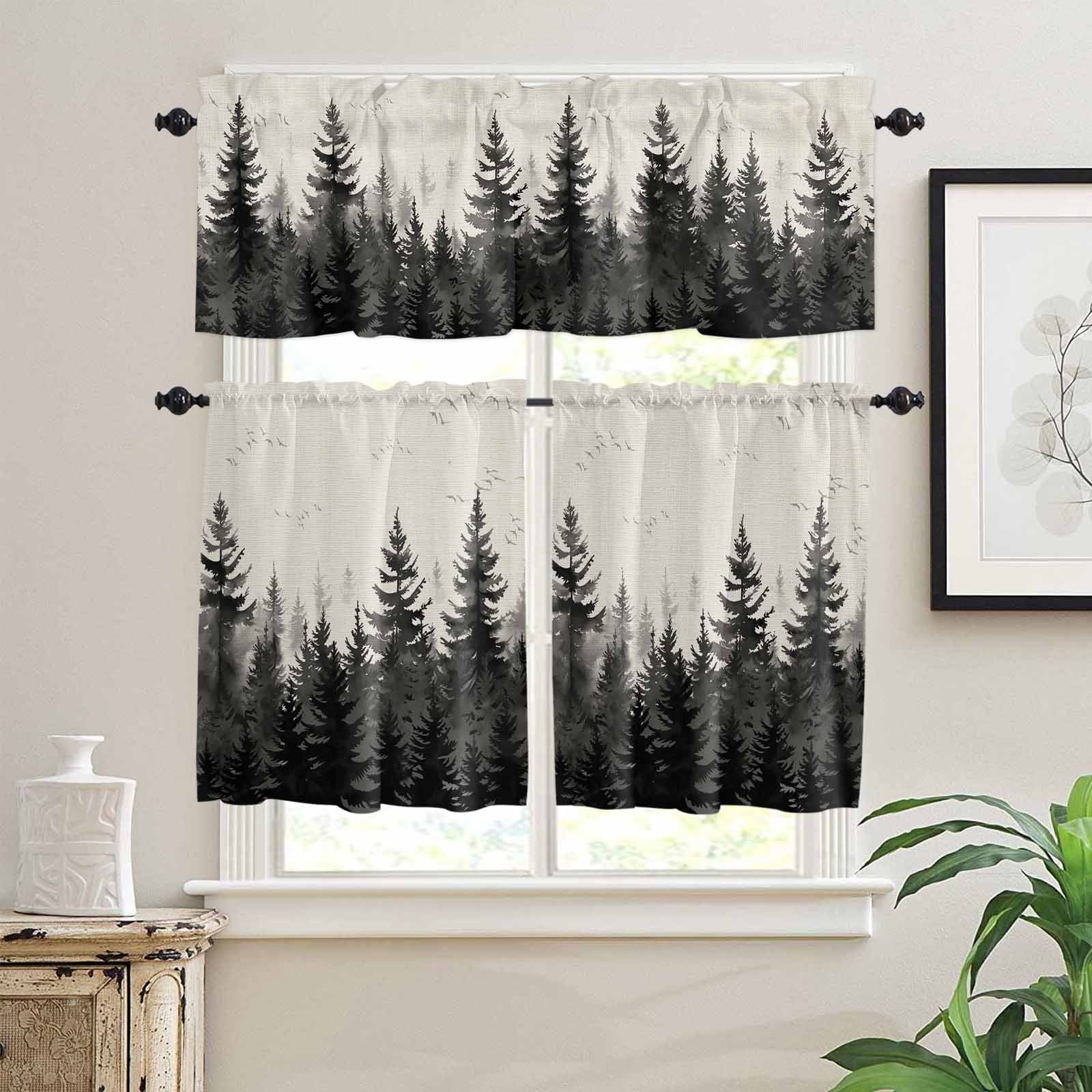 Black Forest Kitchen Curtains Valance and Tier Set Tree Bird Nature Landscape Linen Rod Pocket Short Curtains for Small Window 3 Pieces Set for Bedroom Bathroom Cafe (54" x 18"+27" x 24")