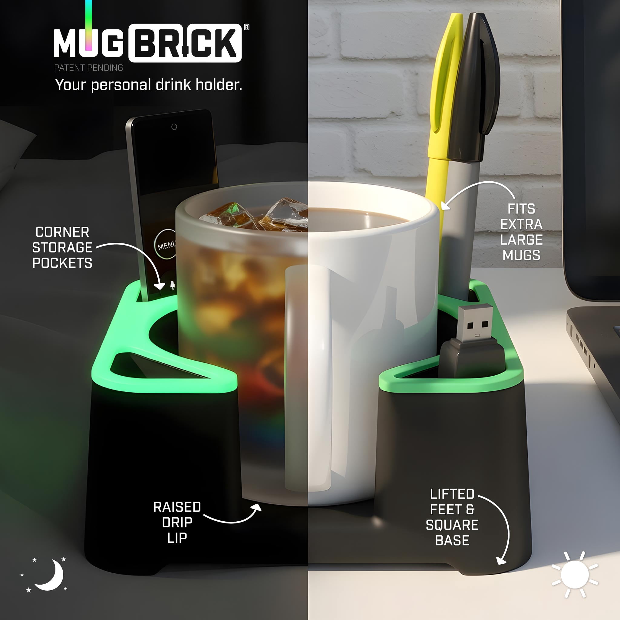 MugBrick Portable Silicone Cup Holder for Desk, Couch, Bed. Dishwasher Safe, Non-Spill Drink Holder for Office, Desktop, Sofa. White