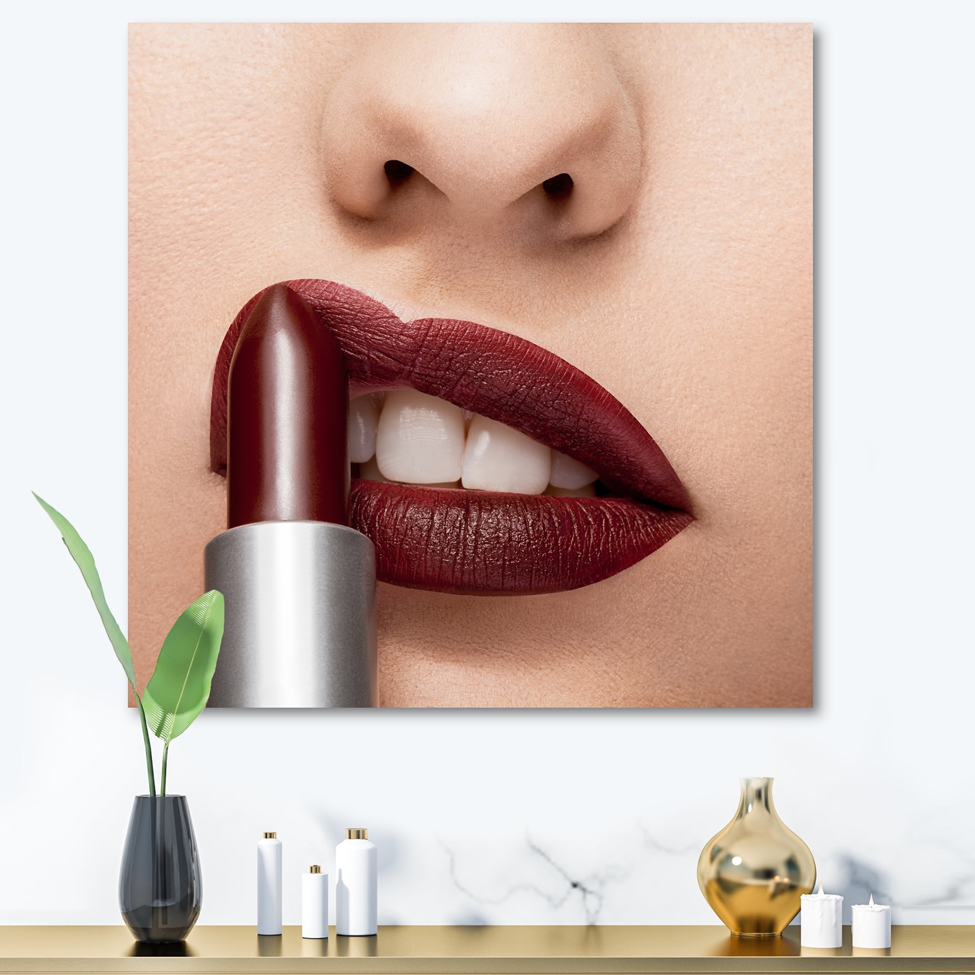 Designart ' Red Lipstick Getting Applyed On Woman Lips ' Modern Canvas Wall Art Print