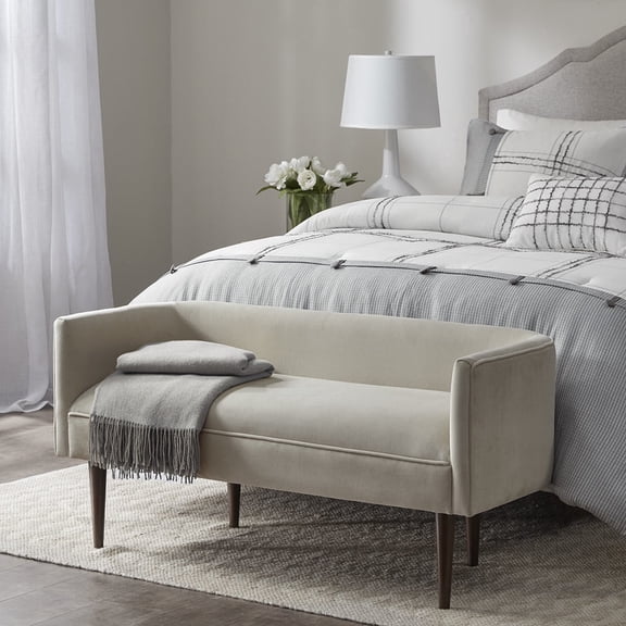 Upholstered Accent Bench with Low Back, Cream Velvet Seat with Solid Wood Legs, 49" Wide for Entryway