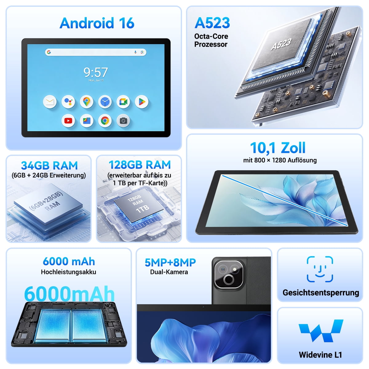 BUFO 10 Inch Tablet with Gemini AI and Keyboard set, 34GB+128GB, 6000mAh, Face Unlock, Android 16, Black